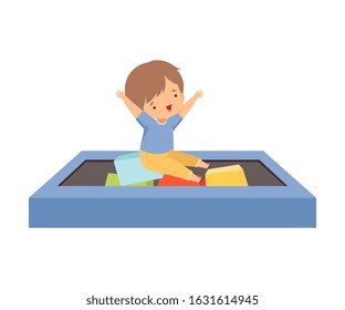 Cute Little Boy Playing in a Pool with Soft Colorful Cubes, Active Children Leisure Vector Illustration