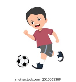 cute little boy playing soccer kicking the football