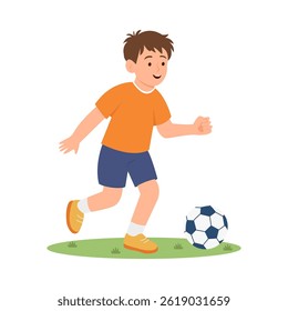Menininho bonito jogando futebol chutando a bola. Ilustração de vetor