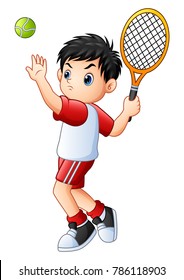 Cute little boy playing tennis on a white background