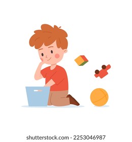 Cute little boy playing with toys - cartoon flat vector illustration isolated on white background. Happy toddler making mess with toys - cube, car and ball. Concepts of childhood and parenting.