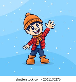 Cute little boy playing and wearing a jacket in winter season