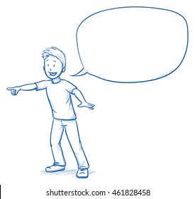 Pequeño chico lindo apuntando hacia una dirección con burbuja de habla. Dibujo manual de dibujo de doodle ilustración vectorial.