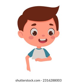 Cute little boy points his finger at the empty poster. Template for children design. Cartoon schoolboy character. Vector illustration.