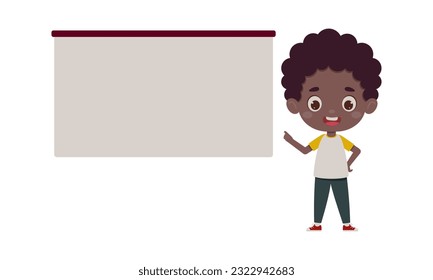 Cute little boy points his finger at the empty board. Template for children design. Cartoon schoolboy character. Vector illustration.