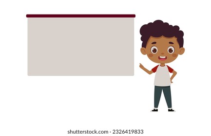 Cute little boy points his finger at the empty board. Template for children design. Cartoon schoolboy character. Vector illustration.