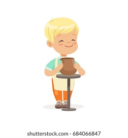 Cute little boy potter making ceramic pot, kids creativity, education and child development, colorful character vector Illustration