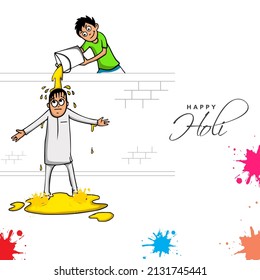 Cute Little Boy Pouring Liquid Color To Man On The Occasion Of Indian Festival, Holi Celebration.