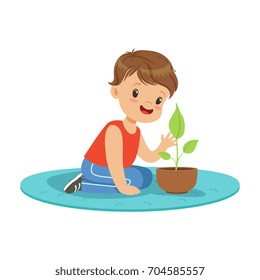 Cute little boy at a practical biology lesson, preschool educational activities cartoon vector Illustration