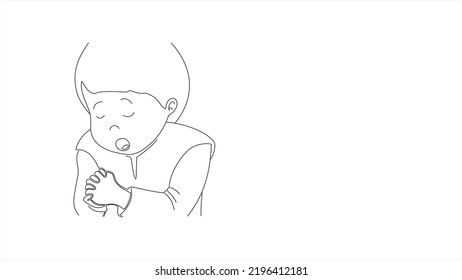 Cute little boy is praying with folded hands. Line style vector illustration