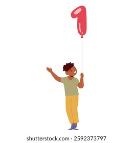 Cute little boy preschool kid cartoon character holding one number air balloon in hands isolated on white background. Numeral learning for preschooler, creative study process vector illustration