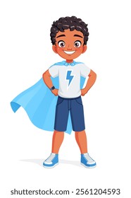 Cute little boy pretending to be a superhero with a cape. Cartoon style vector illustration isolated on white background.