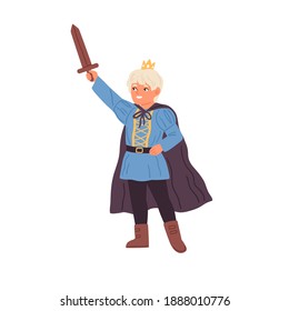 Cute little boy in prince costume holding sword vector flat illustration. Funny male child wearing crown and cloak at masquerade party isolated. Kid actor play king or knight in theater performance