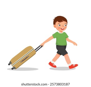 Cute little boy pulling suitcase go for traveling on summer vacation