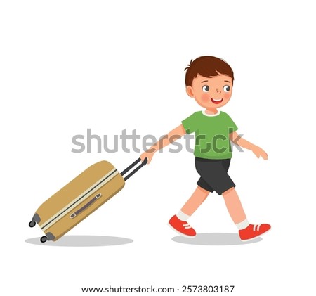Cute little boy pulling suitcase go for traveling on summer vacation