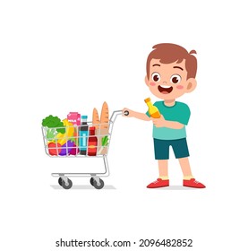 cute little boy push shopping cart full of groceries