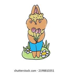 Cute little boy rabbit with flowers. Vector hand drawn cartoon illustration. 