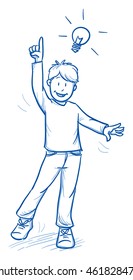 Cute little boy raising his hand with Idea or answer. Hand drawn cartoon doodle vector illustration.