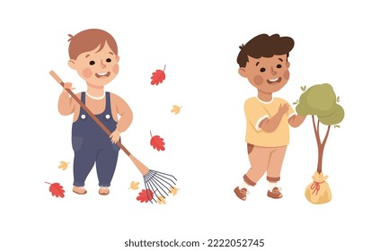 Pequeño y lindo niño con limpieza de tortas y plantado de árboles cuidando del planeta Tierra Salvando el conjunto de vectores del mundo