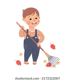 Cute Little Boy with Rake Gathering Foliage Caring About Earth Planet Saving World Vector Illustration