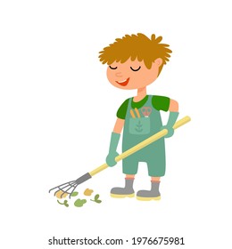 Cute little boy raking leaves. Cartoon kid with rake is gardener. Happy child holding garden tool, doing work outdoor. Hand drawn flat vector illustration isolated on white background 