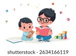 cute little boy read book with baby brother sibling together cartoon vector illustration