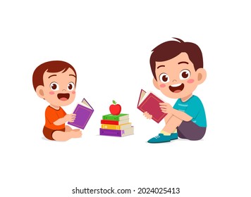 Cute Little Boy Read Book With Baby Brother Sibling Together