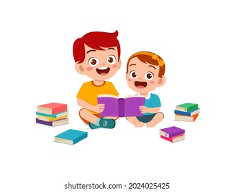 cute little boy read book with baby sister sibling together