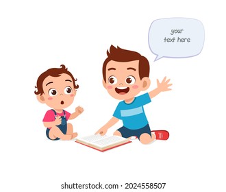 Cute Little Boy Read Book With Baby Brother Sibling Together