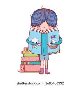 cute little boy reading book pirates and stacked books park vector illustration