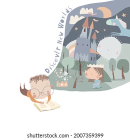 Cute Little Boy reading Book and dreaming