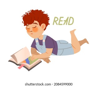 Cute little boy reading book. Verb expressing action, children education concept cartoon vector illustration
