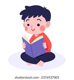 Cute little boy reading a book while sitting on the floor. Cartoon vector illustration isolated on white background.