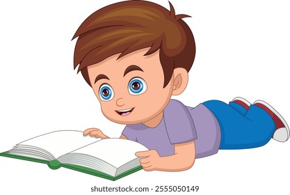 cute little boy reading a book while lying on the floor