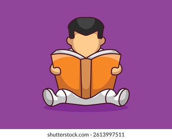 Cute little boy reading book Cartoon Vector Icon Illustration. Premium Vector Isolated Science Technology Icon Concept. Flat Cartoon Style.