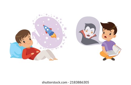 Cute Little Boy Reading Fairy Tale or Fantasy Book Imagining Rocket and Vampire Vector Set