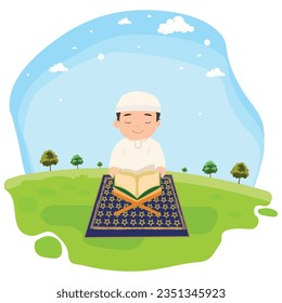 Cute little boy reading Holy book -Quran Shareef- on creative background