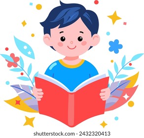 Cute little boy reading open book isolated on white sign. School learning classroom. Education kids preschool childhood. Distance Learning Online Courses student Graduation library cartoon kid banner