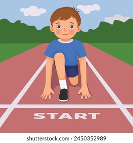 Cute little boy ready to run on starting position at race track