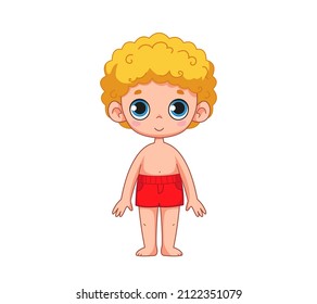 Pequeño chico lindo con baúles rojos de natación o pantalones cortos. Niño rubio vestido con ropa marina. Ilustración infantil de un niño con traje de baño. Ilustración vectorial al estilo de las caricaturas. Clíparte divertida aislada