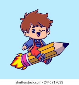 Cute a little boy ride pencil cartoon illustration. Study icon concept. Flat cartoon style.