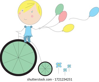 Cute little boy rides a bike vector character illustration