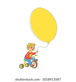 Cute little boy riding a bicycle, cycling with big balloon in hand, hand-drawn vector illustration isolated on white background. Hand-drawn happy boy, child, kid riding a bike with balloon in hand