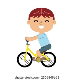 Cute little boy riding bicycle. Posture kid riding bikes in nature. Vector illustration isolated on white background.