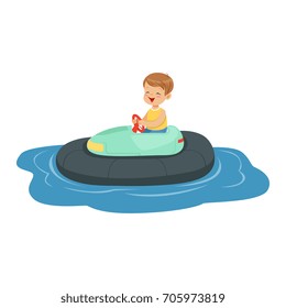 Cute little boy riding boat, kid have a fun in amusement park cartoon vector Illustration