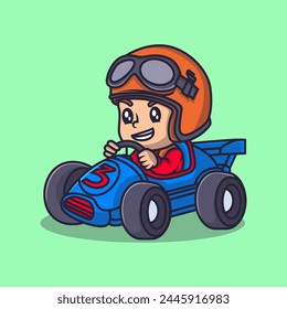 Cute a little boy riding car cartoon illustration. Study icon concept. Flat cartoon style