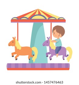 Cute Little Boy Riding at Carousel with Horses, Happy Kid Having Fun in Amusement Park Vector Illustration