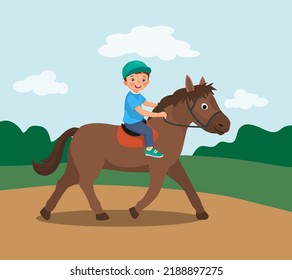 cute little boy riding a horse at the park