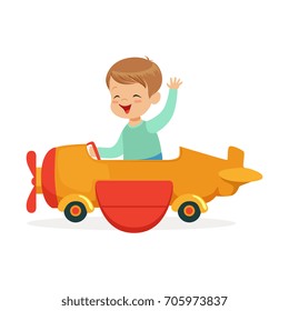 Cute little boy riding on toy airplane, kid have a fun in amusement park cartoon vector Illustration
