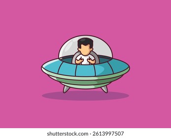 Cute little boy riding a ufo Cartoon Vector Icon Illustration, Premium Vector Isolated Science Technology Icon Concept. Flat Cartoon Style.